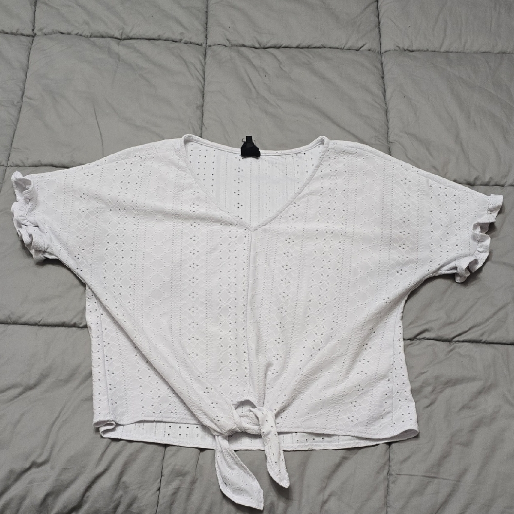 W5 White Eyelet Crop Top with Tie-Front